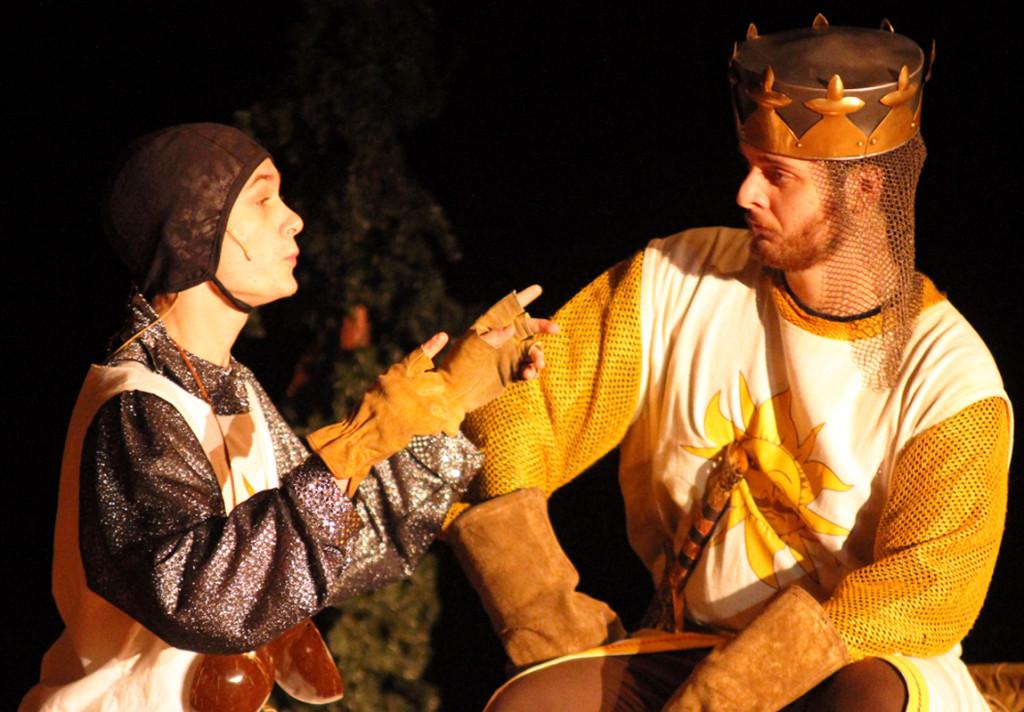 Beginning of a search: Junior Chad Dyer and Senior Ben Granger sing a song as they start their search for the Holy Grail.  photo by Jenna Moreland