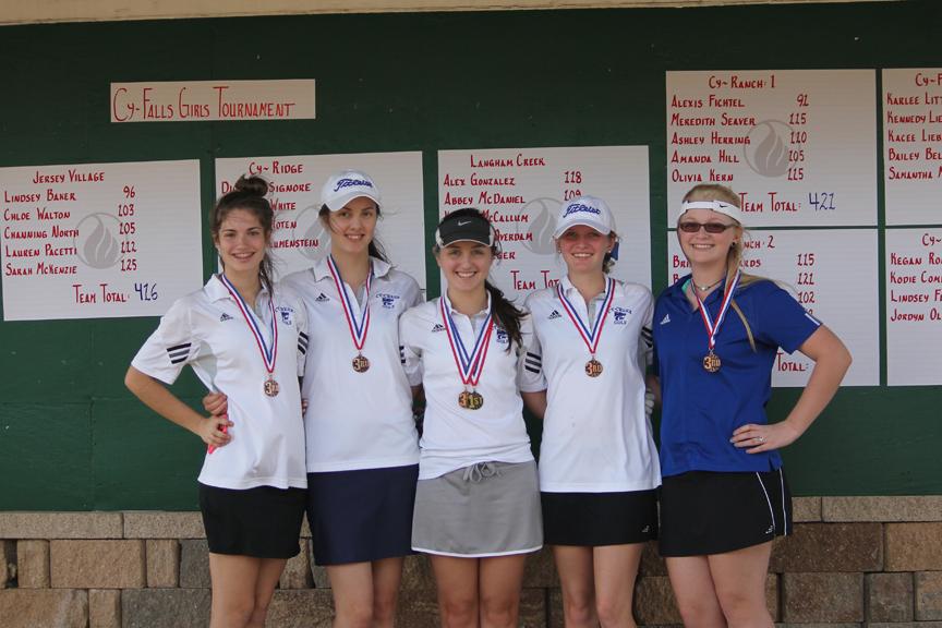 The varsity golf team: from left, Maddie Pryor, Destiny Rubottom, Emily Moore, Kaitlyn Davis, and Bethany Galle. The team got thrid place overall. Photo by Lynn Moore.