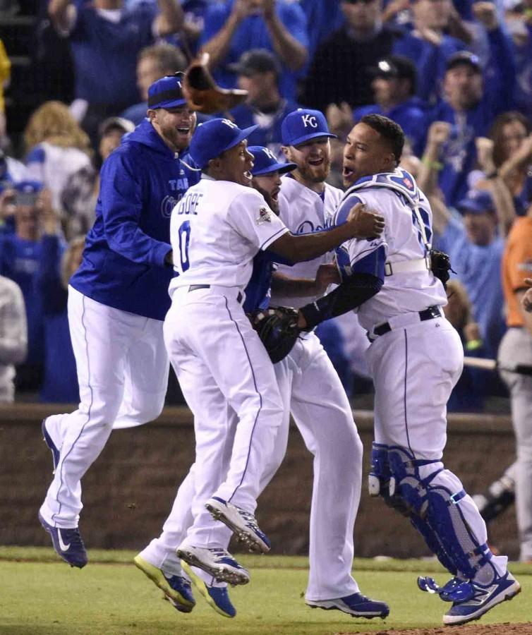 The Kansas City Royals celebrate after eliminating the Houston Astros with a 7-2 win in Game 5 of the ALDS on Wednesday, Oct. 14, 2015, at Kauffman Stadium in Kansas City, Mo. (Tammy Ljungblad/Kansas City Star/TNS)