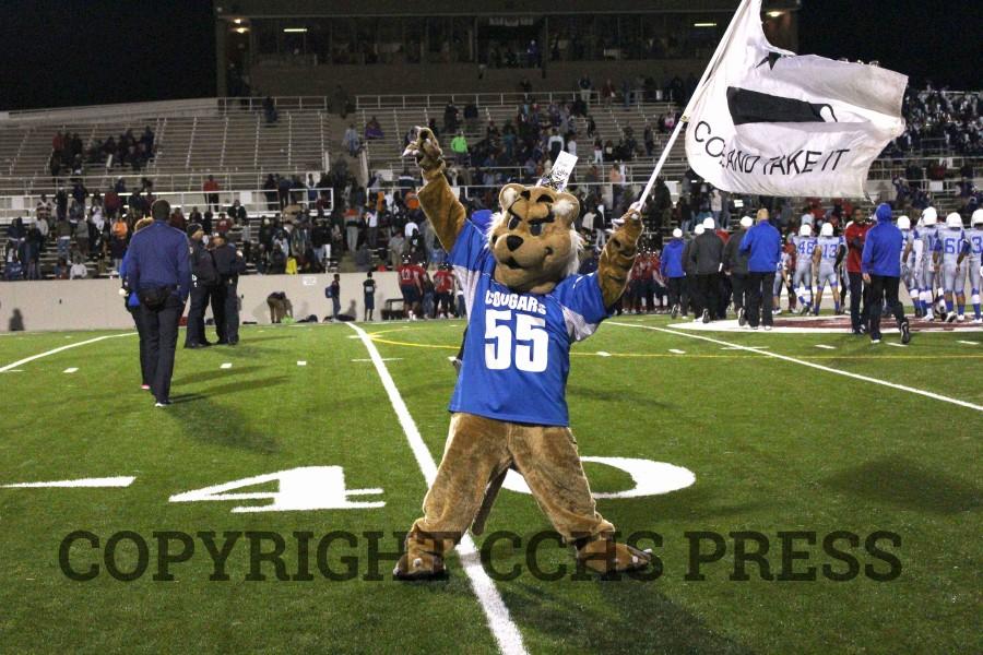 Colby Cougar celebrates the varsity footballs team first playoff win in several years at Aldines Thorne Stadium on Friday, November 13. 