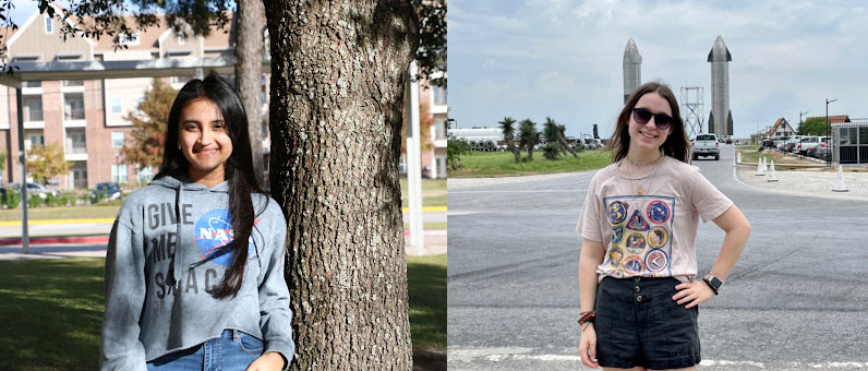 LEFT: Amani Ansari pictured in NASA gear outside of Cypress Creek High School. (Photo by: Bri Jimenez) RIGHT: Lauren Breech posing in front of Lyndon B. Johnson Space Center. (Photo by: Lauren Breech)