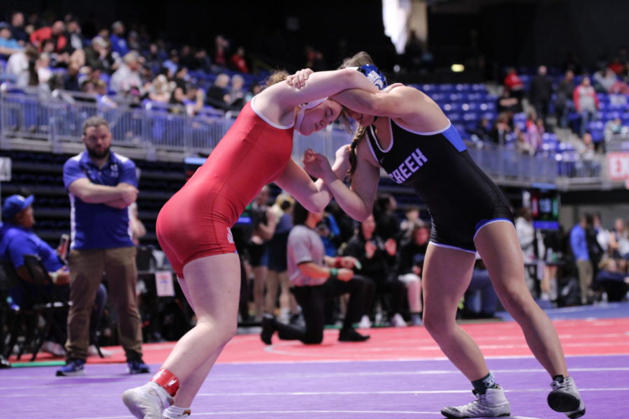 Junior Alexis Bailey competes at the Jan. 13 Chicken Wing Invitational wrestling competition. Photo by Crystal Gooding.