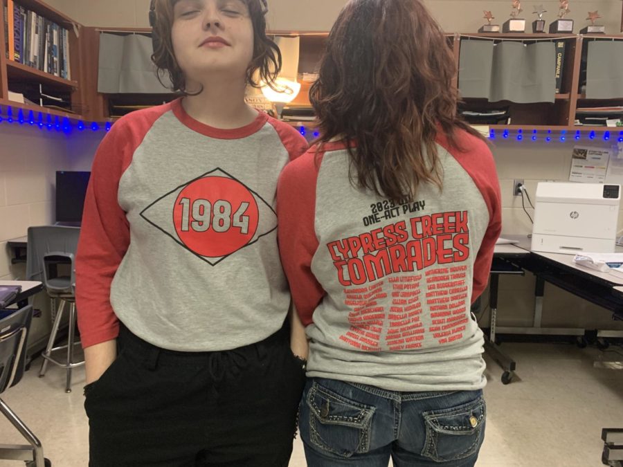 Senior+Scout+Marquez+and+freshman+Leo+Biggerstaff+wear+their+1984+shirts+in+preparation+for+theatres+upcoming+UIL+show.+Photo+by+CCHS+Press+staff.